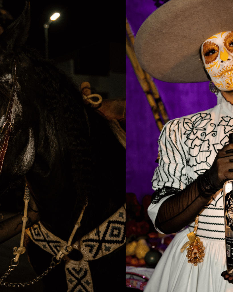 Catrina con su caballo posando