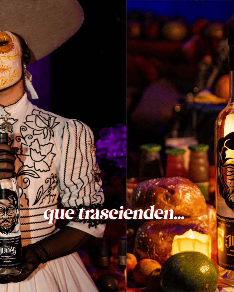 Catrina posando con altar de dia de muertos al lado