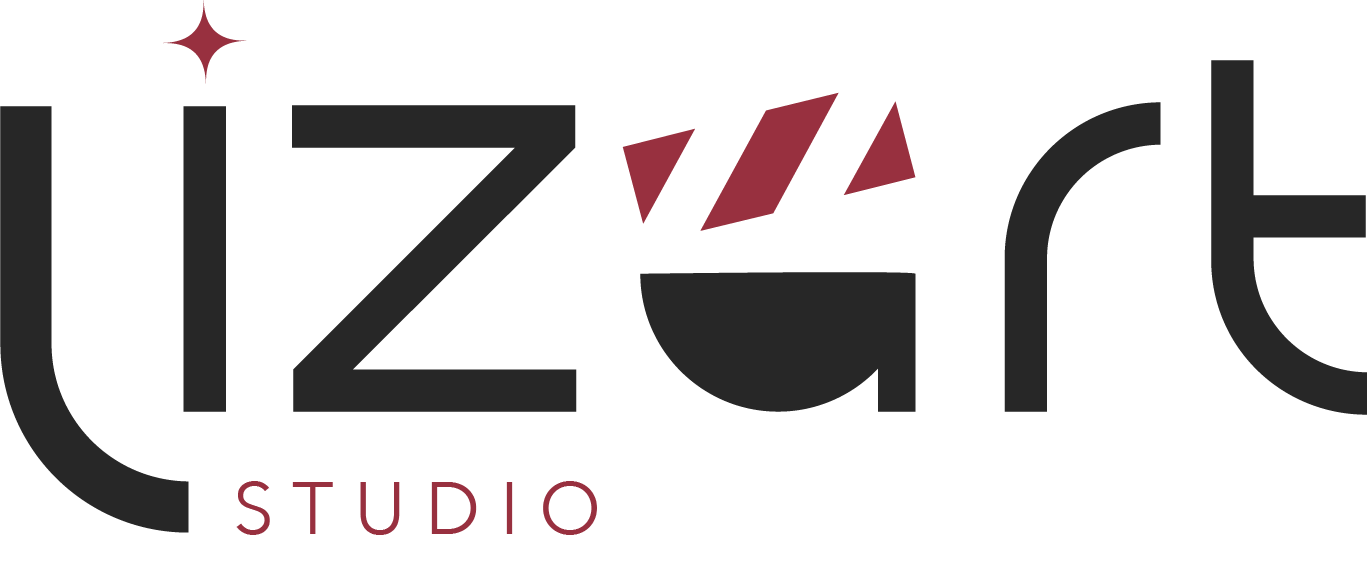 Logo de Lizart Studio, estudio creativo de diseño multimedia, fotografía y producción visual, representado por un isotipo minimalista en rojo y negro junto al nombre Lizart Studio.