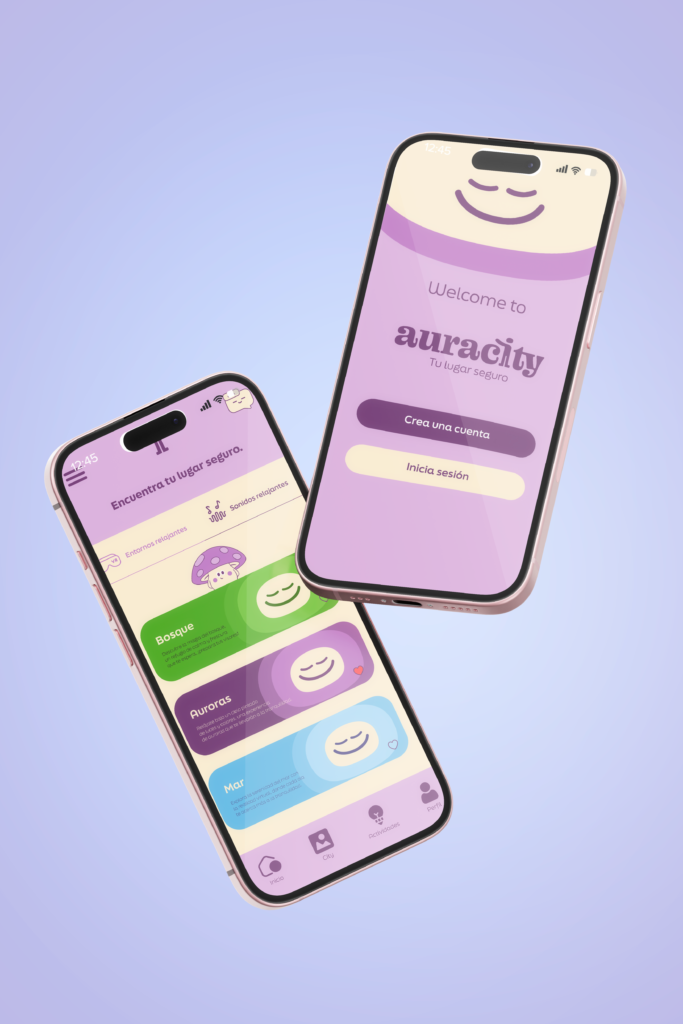 Dos celulares flotando con la aplicación de Auracity en la pantalla de inicio y funciones de la app
