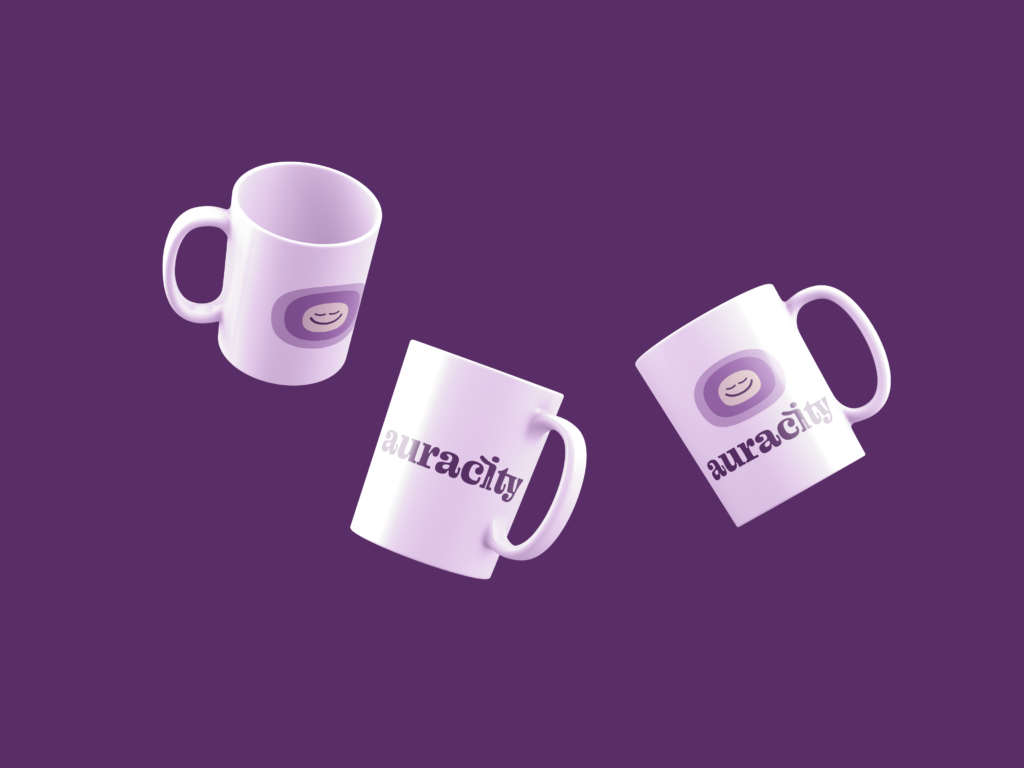 Mock up de tazas flotando de la aplicación auracity